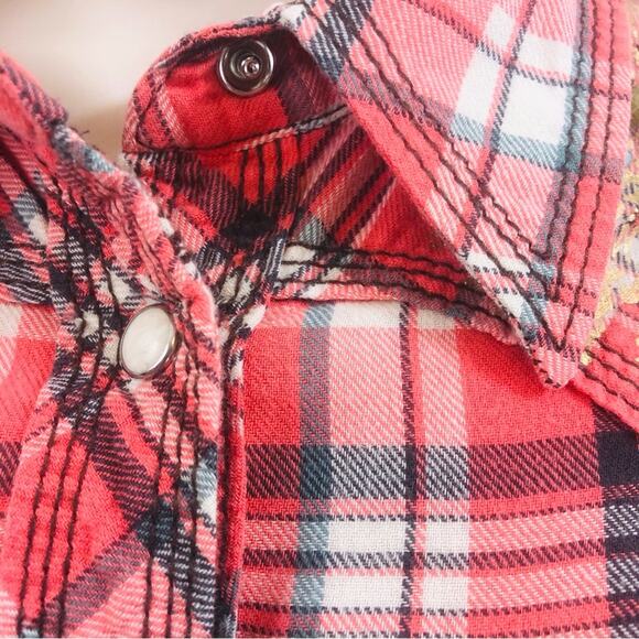 Y2k True Religion Fresh Peach Plaid Button Down Shirt Western Styling Gold Logo - Picture 12 of 16